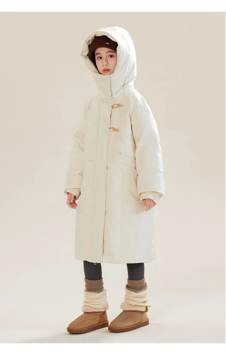 90% weiße Entendaunen, Kinder-Langparka mit Kapuze und Hornschnalle, warmer Winter-Daunenmantel für Mädchen und Jungen A5122 – Detail 8