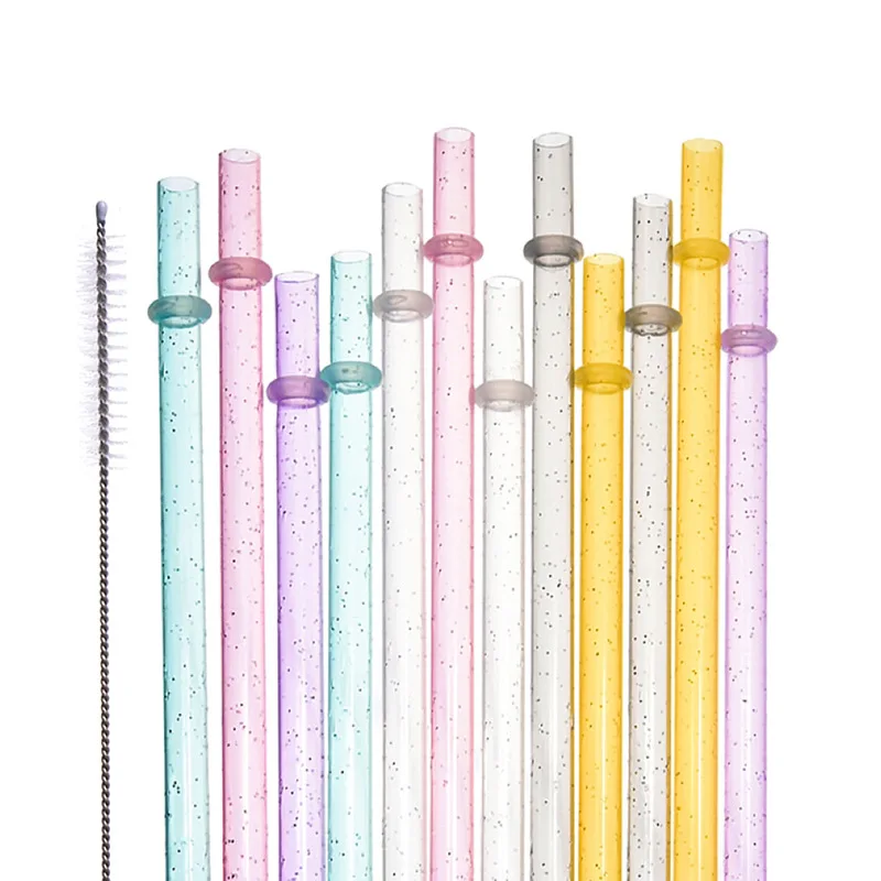 12 Pcs Reusable Plastic Straws Glitter Drinking Straws for Stanley Cup Clear Sparkle Straw with Cleaning Brush for Tumbler Party