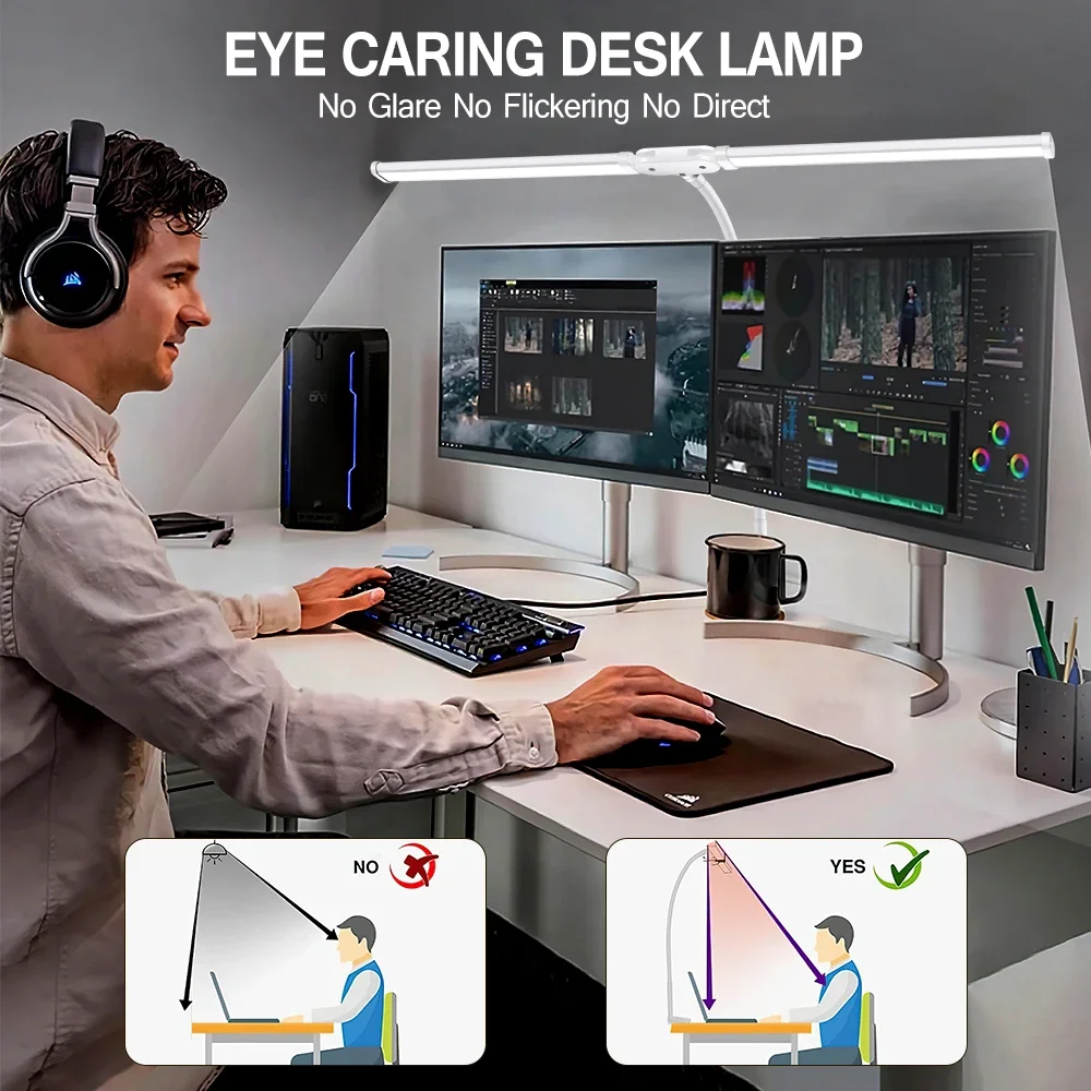 Imagem -03 - Dobrável Swing Braço Abajur com Clip Led Desk Lamp Cabeça Dupla ou Única Estação de Trabalho Regulável Office pc Eye Protection