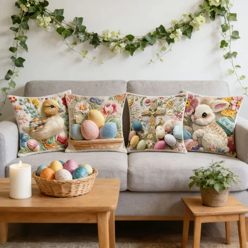 Cross-border Easter pillow cover cute bunny duckling imitation 3d embroidery three-dimensional printing sofa decorative