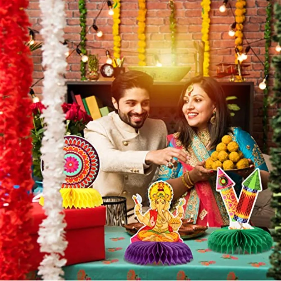 12 Pieces Diwali Party Decorations Paper Honeycomb Centerpiece Table Toppers Festival of Lights Party Supplies for Happy Diwali