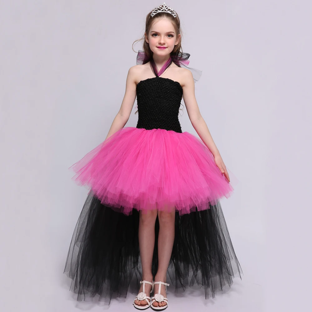 High Low Witch Halloween Costumes for Girls Hot Pink Black Trailing Tutu Dress with Hat Broom Children Outfit Princess Ball Gown