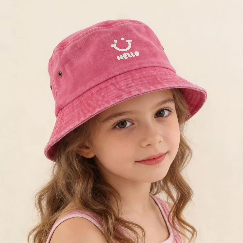 

Baby Summer Sun Hat Kids Cartoon Smiling Face Hello Letter Bucket Hat For Girls Soild Color Washed Cotton Cap Children 3-7Y