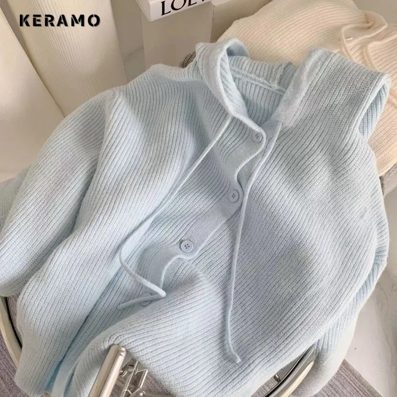 2023 Autumn Winter Casual Hooded Knitting Long Sleeve Cardigans Women Korean Fashion Solid Color Single Breasted Simple Sweater