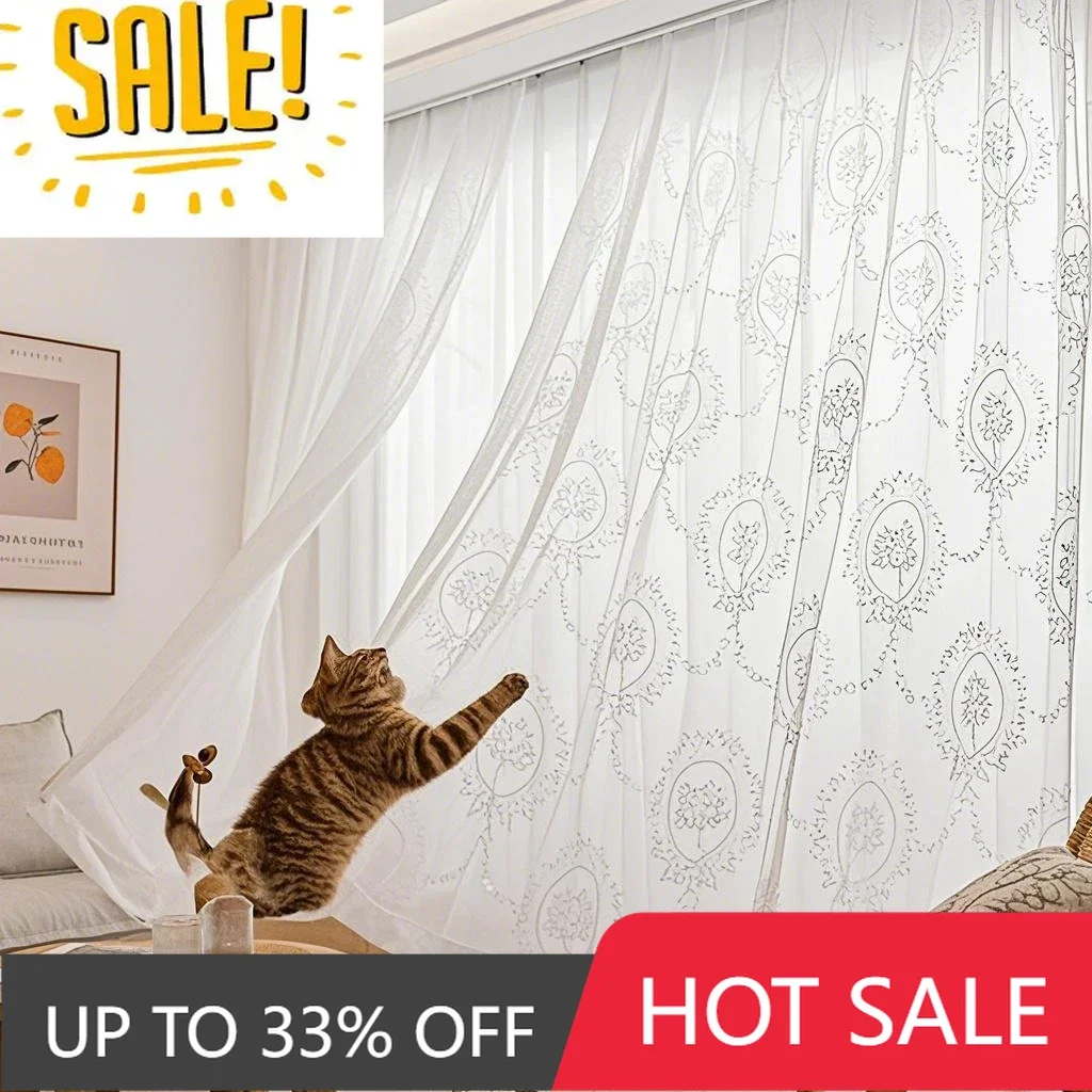 

White Lace Sheer Tulle Curtain French Embroidery Light Filtering Window Drapes for Living Room Partition Door Screen Shutter