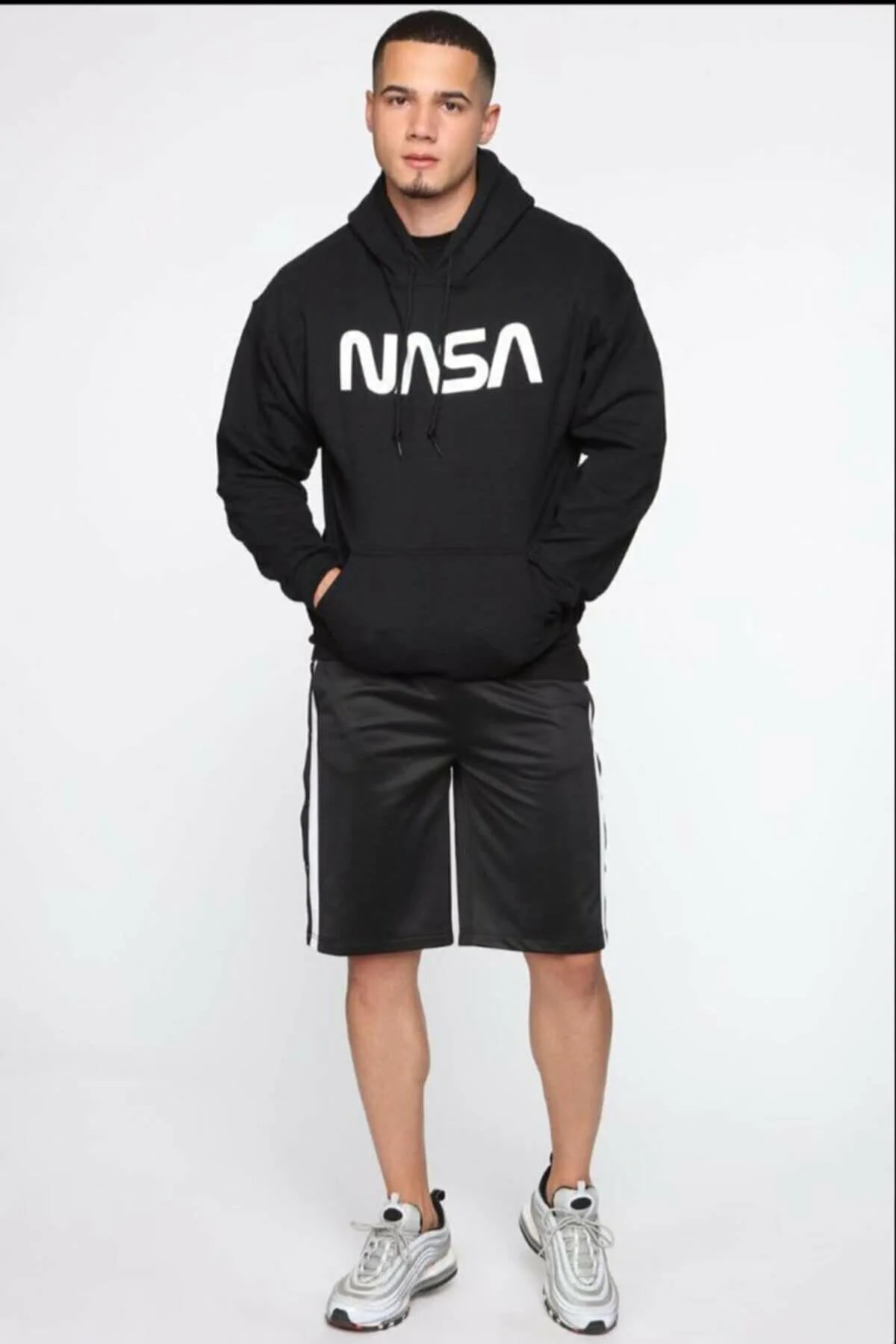 Will supply Men \'S Black Nasa Printed Hooded Sweatshirt