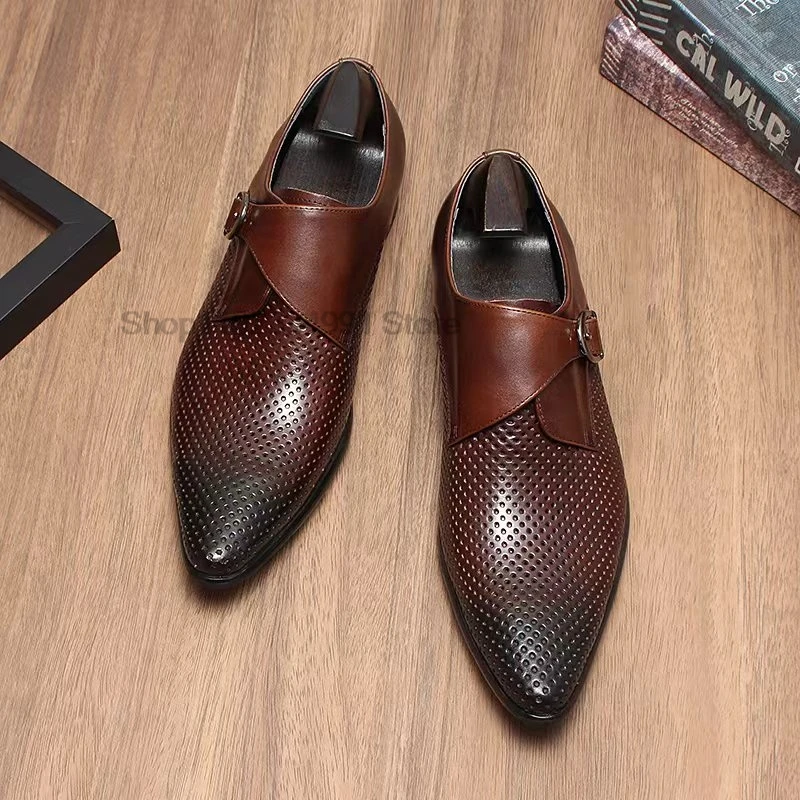 HNXC Men Genuine Leather Shoes Black Coffee Monk Strap Loafers Slip On Luxury Brand Casual Dress Wedding Office Shoes For Men