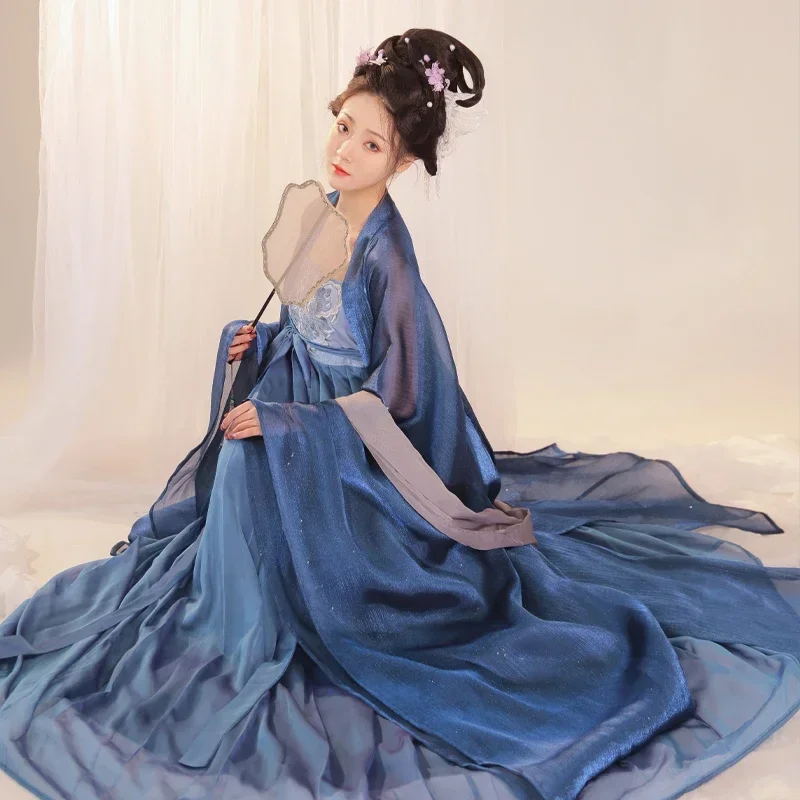 Ancient Women's Blue Star Sky Kimono Hanfu Dress Tang Embroidery Chinese Style Traditional Cosplay Skirt Dresses Costume Clothes