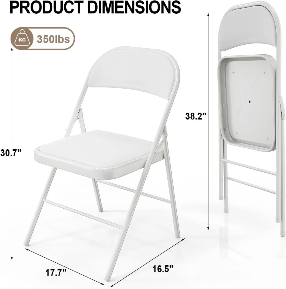 VINGLI Folding Chairs with Padded Seats, Metal Frame with Pu Leather Seat & Back, Capacity 350 lbs, White, Set of