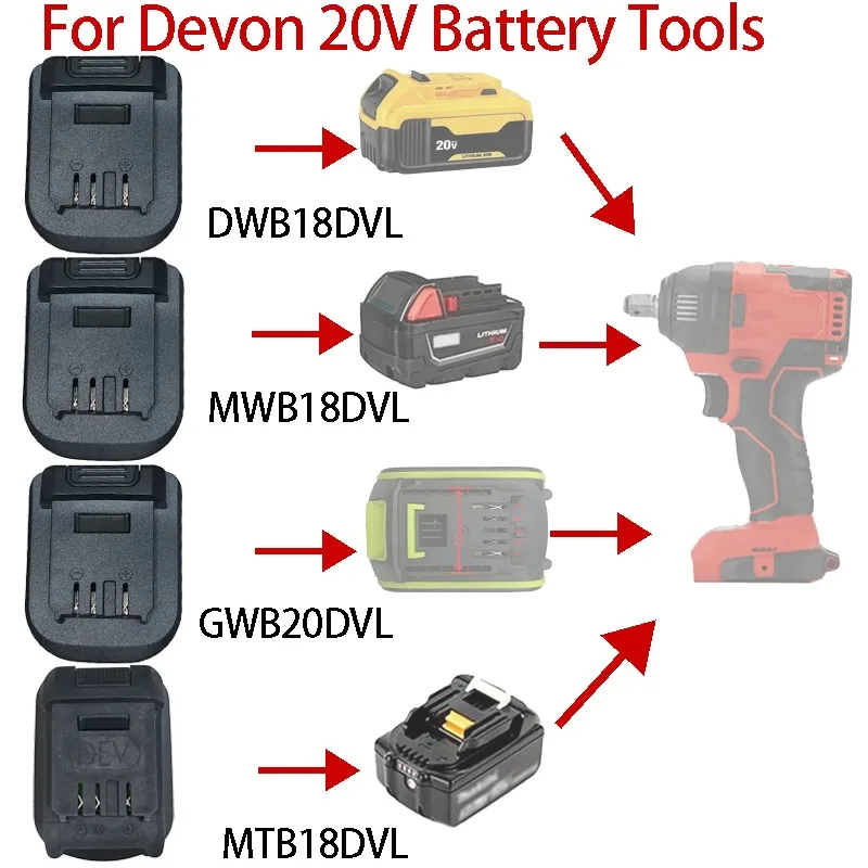 

For Makita/Milwaukee/DeWalt/Worx 5-pin Batteries MTB18DVL MWB18DVL GWB20DVL DWB18DVL Adapter for Devon 20V Battery power Tools
