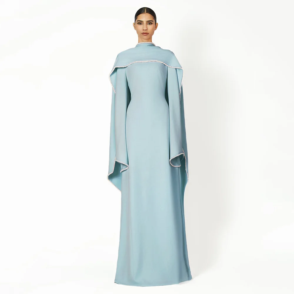 

Modest Evening Dress Light Blue O Neck A Line Elegant Wedding Party Gowns for Women 2025 Long Sleeves Pearls Shawl Formal Dress