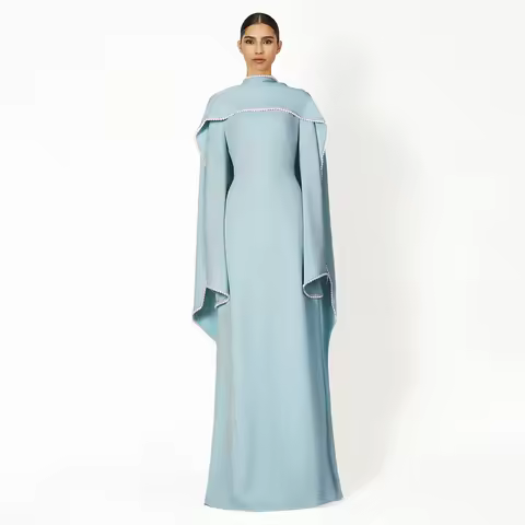 Customized Modest Evening Dress Light Blue O Neck A Line Elegant Wedding Party Gown Long Sleeve Pearl Shawl Women's Formal Dress