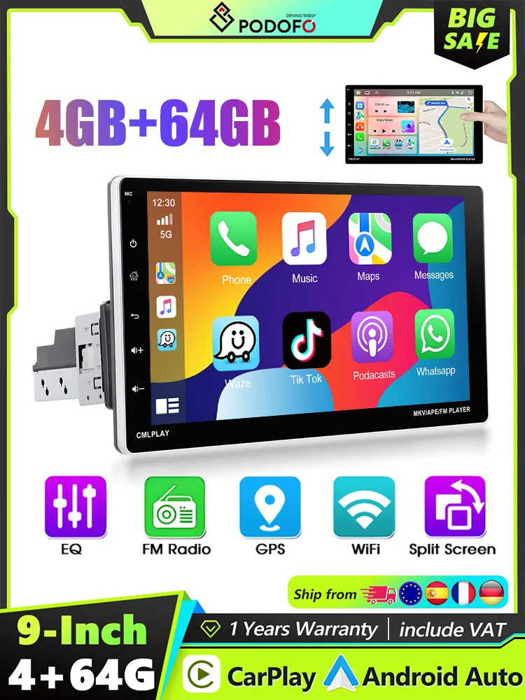 Podofo 1 Din 9'' Autoradio Kabelloses Carplay Android Auto GPS-Navigation Mirror Link Universeller Auto-Multimedia-Player BT FM USB