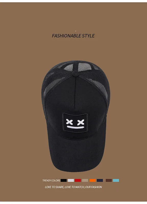 Herren-Baseballkappe mit gesticktem lächelndem Gesicht, modische Trucker-Mütze, verstellbare Outdoor-Sonnenschutz-Freizeitmütze – Detail 8