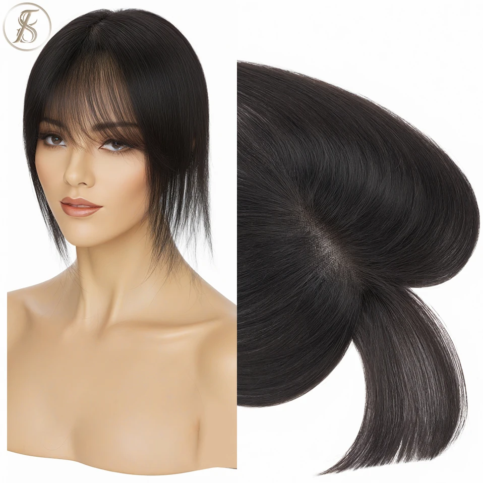 TESS 11 inci rambut manusia wanita Topper tenunan tangan rambut atasan tunggal dengan poni 8x11cm bagian tengah wig rambut alami klip rambut