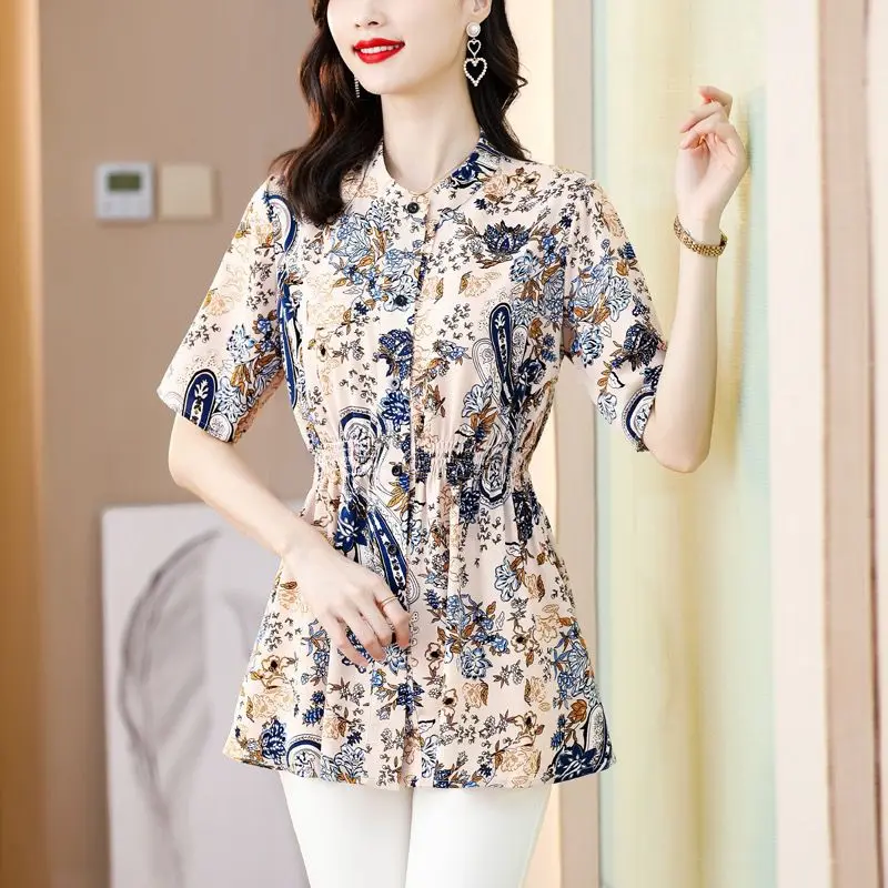 French Style Vintage Printed Midi Blouse Stylish Shirring Waist Office Lady Single-breasted O-Neck Summer Short Sleeve Shirt New