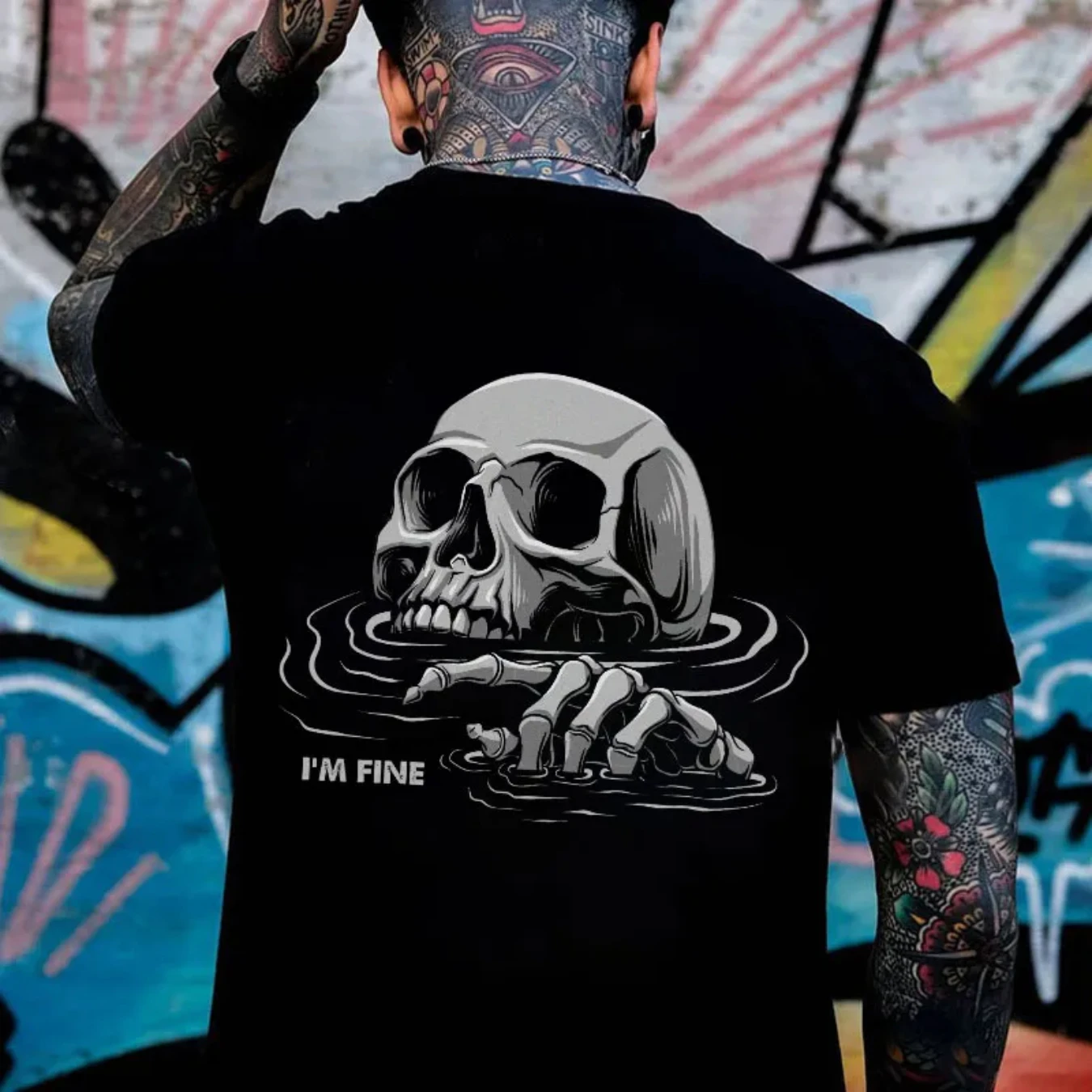 

I'M FINE Drowning Skull Black Print T-Shirt Gothic Sweatshirt Hoodie Y2K Summer Oversized Man