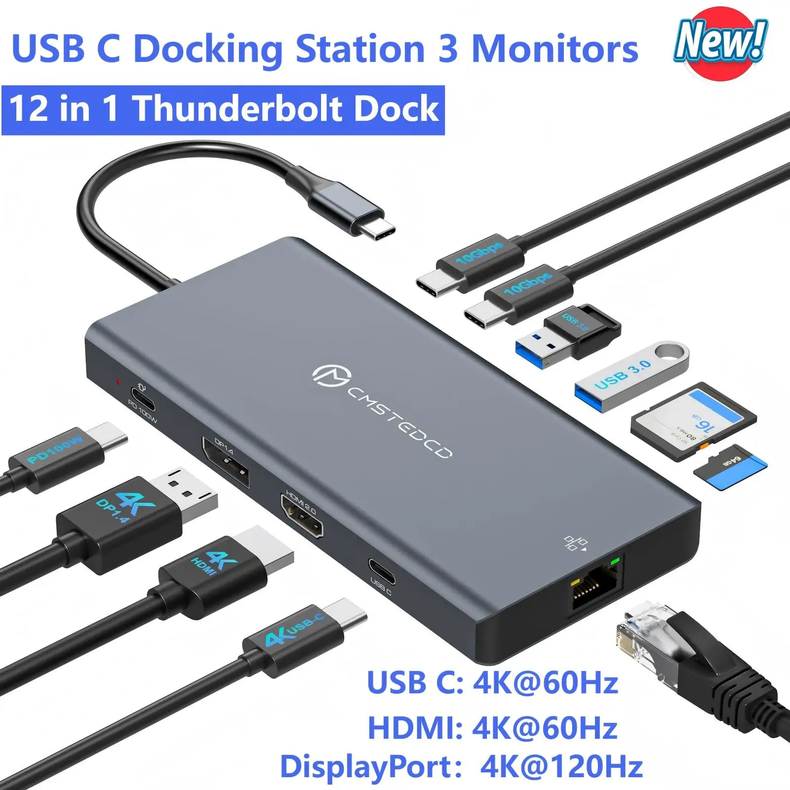 

НОВАЯ док-станция USB C DP 4K@120 Гц HDMI/USB C 4K@60 Гц с поддержкой тройных мониторов PD100W USB 3.2 SD TF Ethernet с Windows Mac