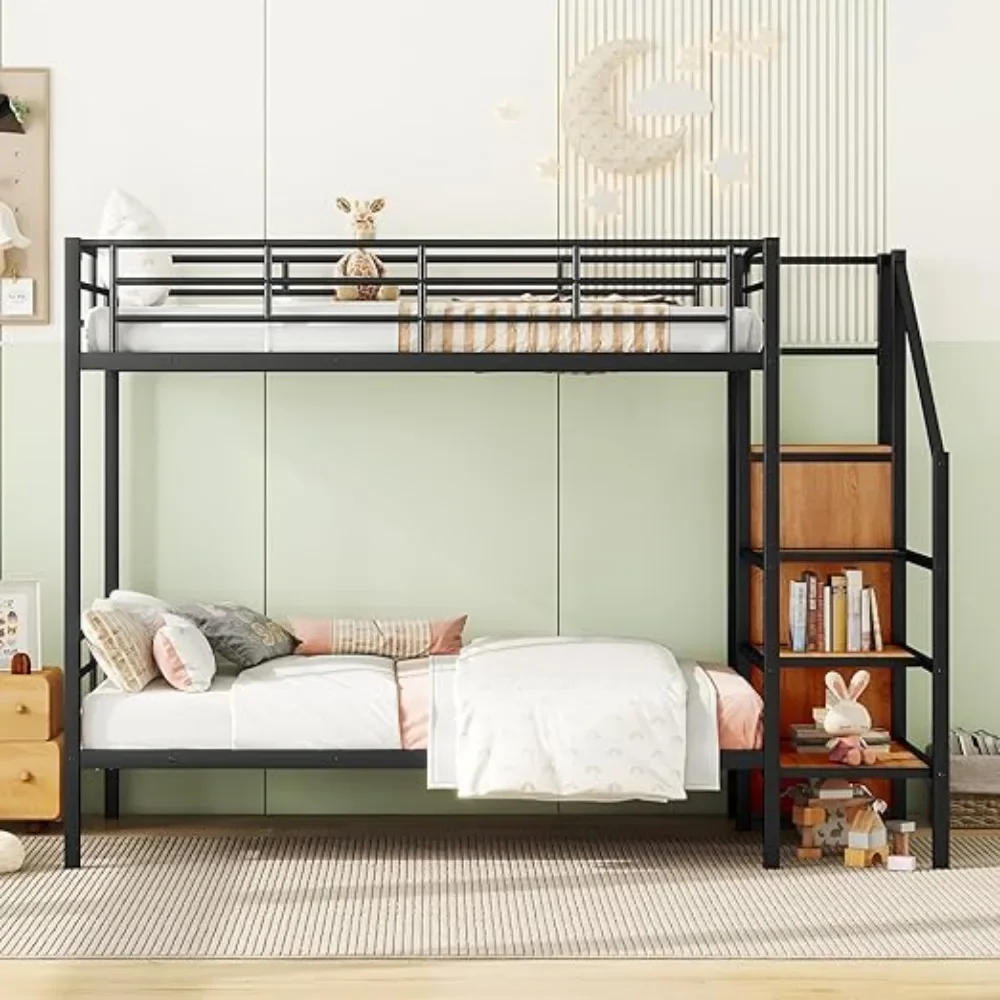 Twin Over Twin Bunk Bed with Stairs and Wardrobe,Metal Bunk Bed Frame Storage Shelves for Kids Industrial Style Bunked Frame