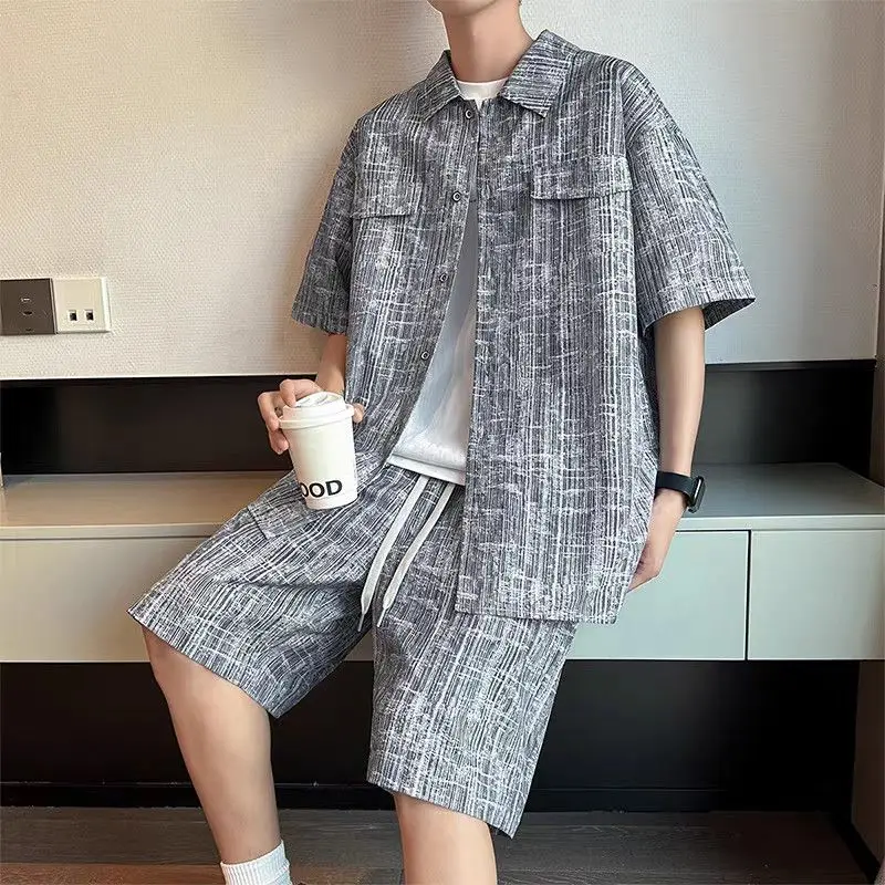 Men's Set Half Sleeve Shirt+ 5 Points Shorts Casual Youth Streetwear Drawstring Shorts Cardigan Sports Beach Hawaii Men Clothing - view 3