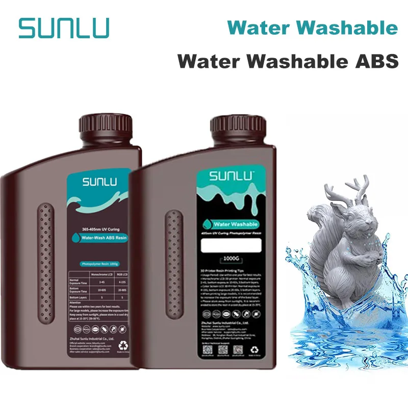 SUNLU 1KG Water Washable / Water Washable ABS Resin Resin 1000G/Bottle 405nm Rapid UV-Curing Photopolymer Resin For LCD 3D Print