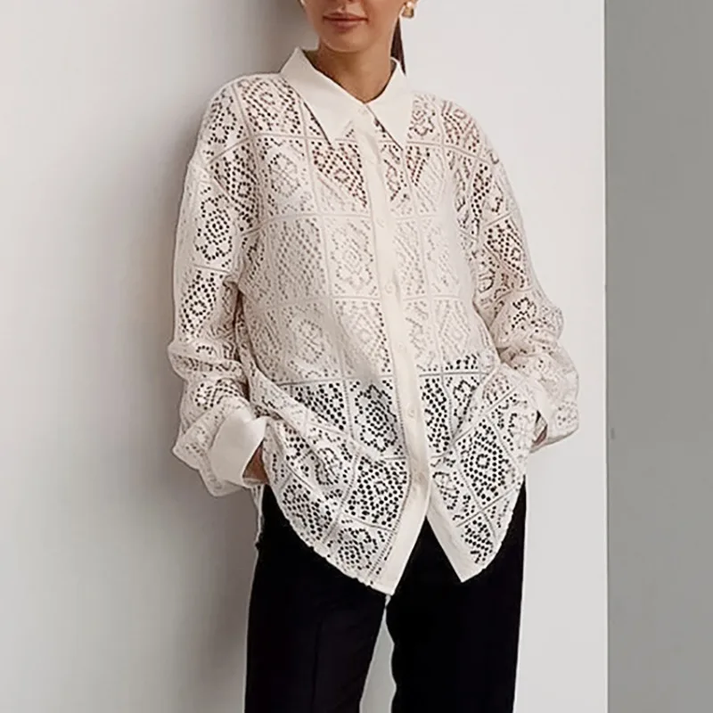 Women's French Elegant Beige Lace Shirt Temperament Commuting Spring Hollow Out Loose Blouses for Women Sun Protection Clothing