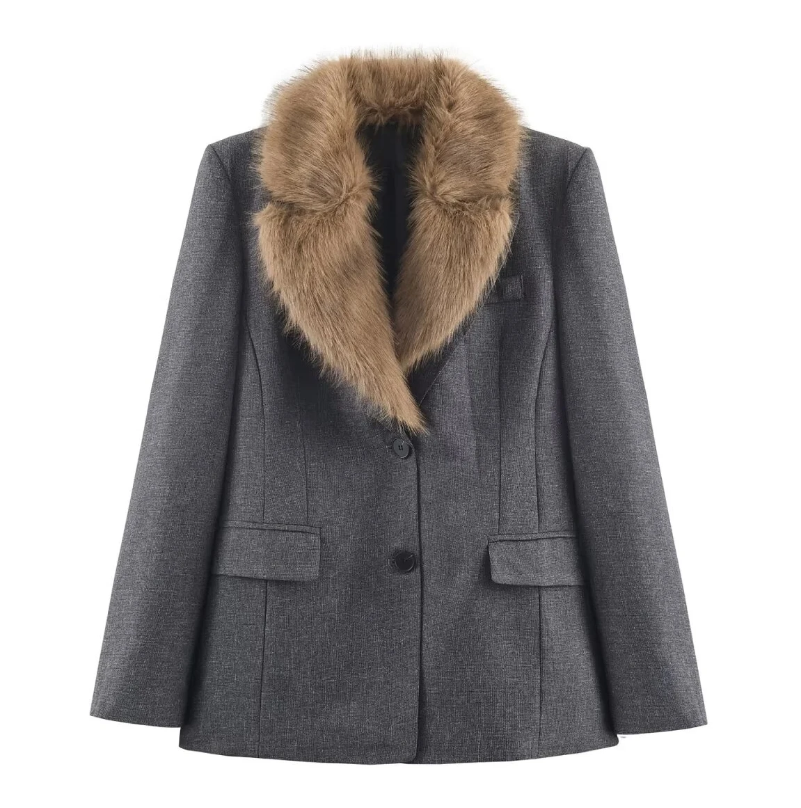 

Новая женская повседневная модная простая куртка с лацканами и длинными рукавами на пуговицах с воротником из искусственного меха