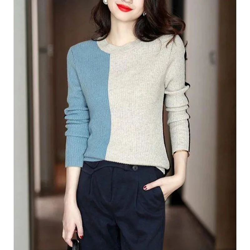 New Autumn and Winter Fashion High Grade Round Neck Color Matching Slim Fit Versatile Foreigner Long Sleeve Knitted Sweater