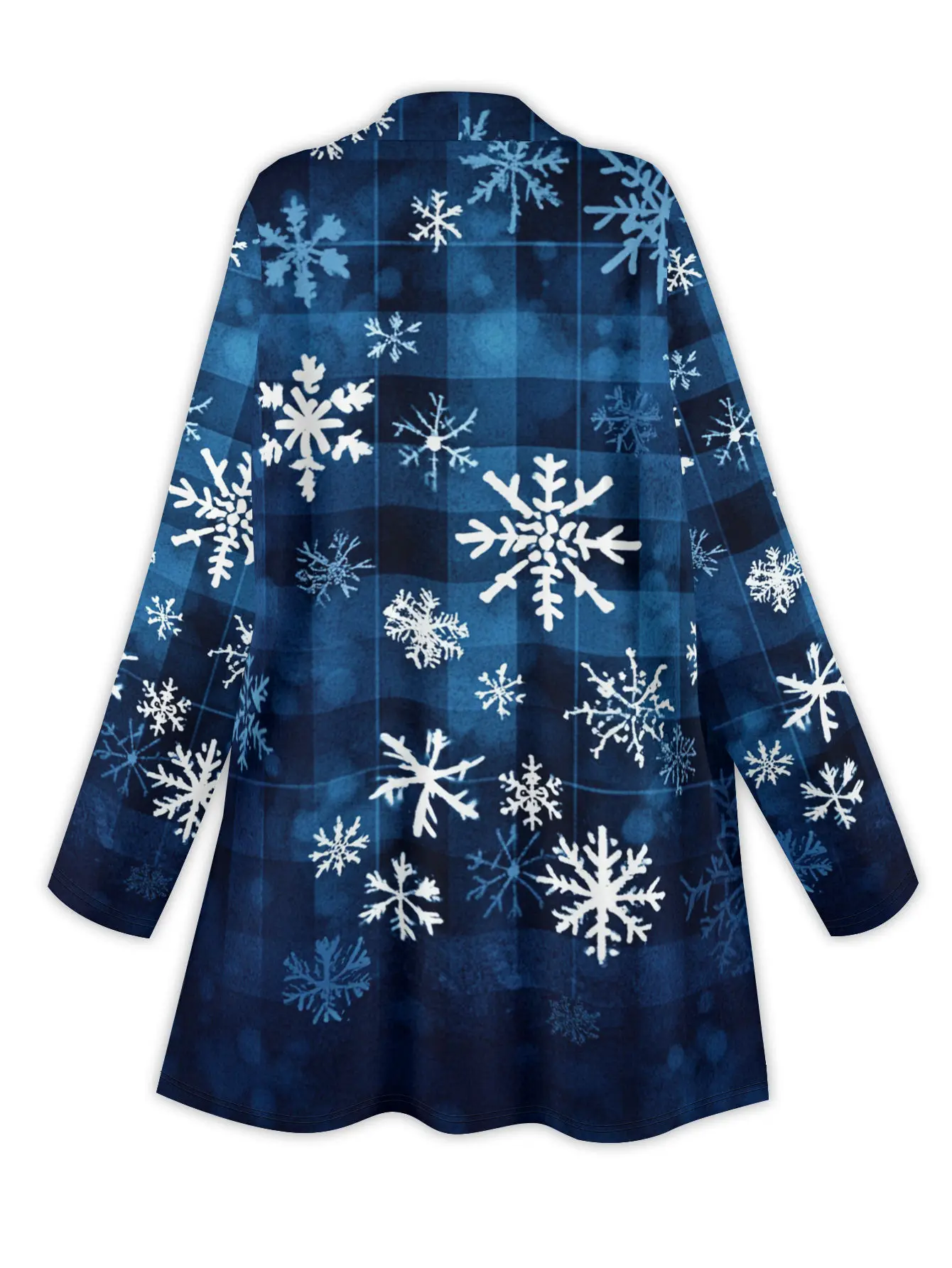 Damski płaszcz w śnieżynki, kołnierz 3D zapinany na guziki, ciemnoniebiesko-biały wzór, zimowa moda świąteczna streetwear