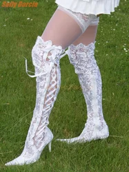 Lace Hollow Strappy Boots Sexy Red White Women's Boots Wedding Crossover Strap Pointed Toe This High Heel Over-the-Knee Spring