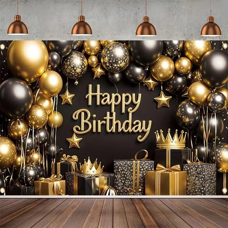 

Black Gold Vinyl Party Backdrop for Birthday Decorations Supplies Gift Box Balloons Photo Studio Booth Background Props