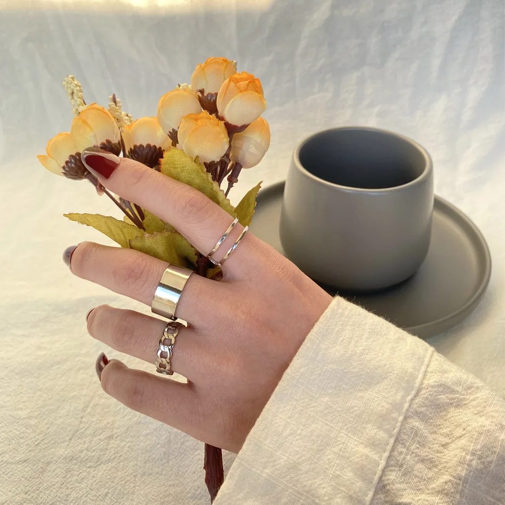 Korean version Instagram influencer with the same ring set, cool and minimalist three piece set, open ring for women