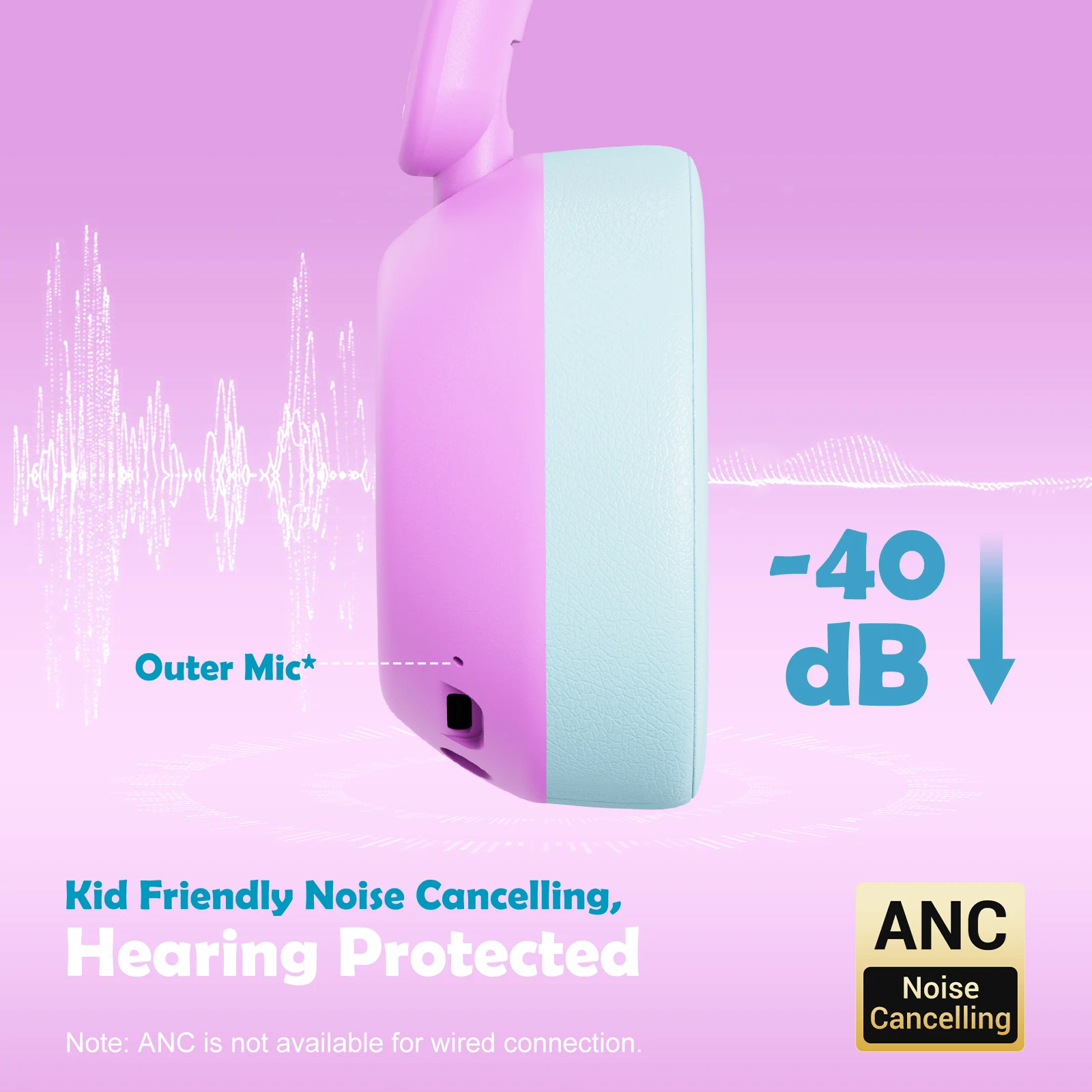 Kopfhörer mit aktiver Geräuschunterdrückung für Kinder, Kleinkinder, Bluetooth 6.0, 70 Stunden Spielzeit, ANC, kabellose Kopfhörer für Reisen und Flugzeug – Detail 5