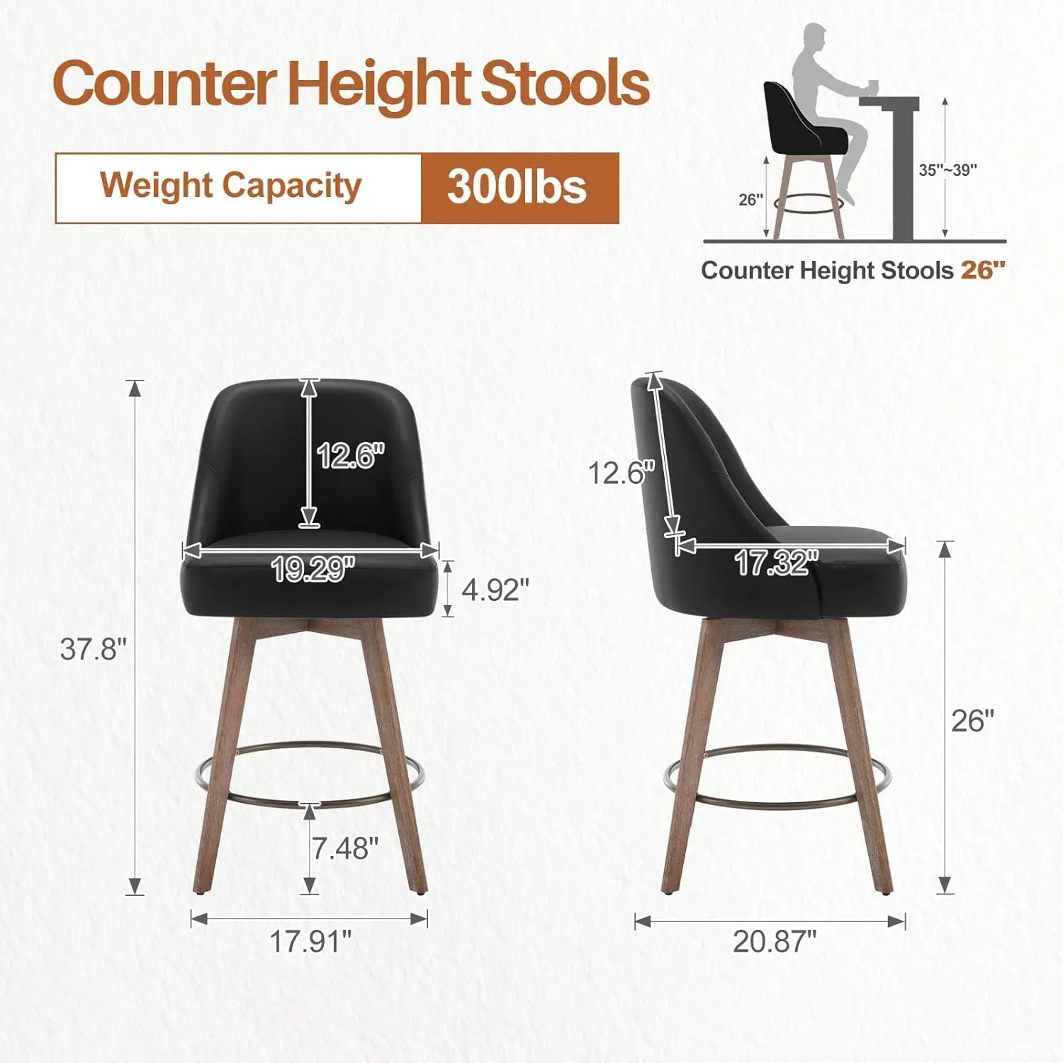 Bar Stools Set altura do balcão, cadeiras giratórias do meio do século com costas e pernas de madeira de faia, preto, 26 polegadas na altura do assento, 2 PCs