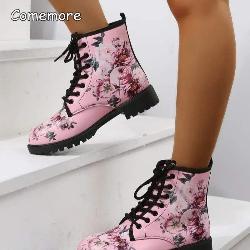 Comemore Spring 2023 Boots Leather Toe Lace-up Mid-tube Flat Pink Leather Boots Fashion Women\'s Low Heel Boot Shoes Plus Size 46