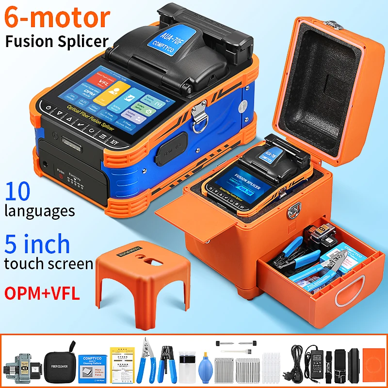 

COMPTYCO AUA-70F Optical Fiber Fusion Splicer 6 Motors Multilingual Touch Screen Fiber Optic Fusion Machine Built in VFL OPM
