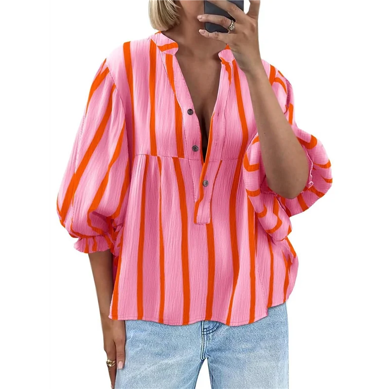 

ABRT-Женские топы Babydoll с пышными рукавами, летняя полосатая блузка с v-образным вырезом, милые повседневные свободные струящиеся рубашки