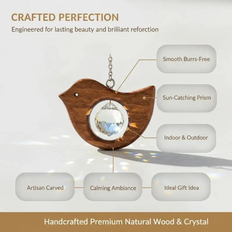 1/3Pcs Rustic Wooden Bird Sun Catcher Crystal Prism Rainbow Window Hanging Suncatcher For Garden Home Decor Bird Lover Gift