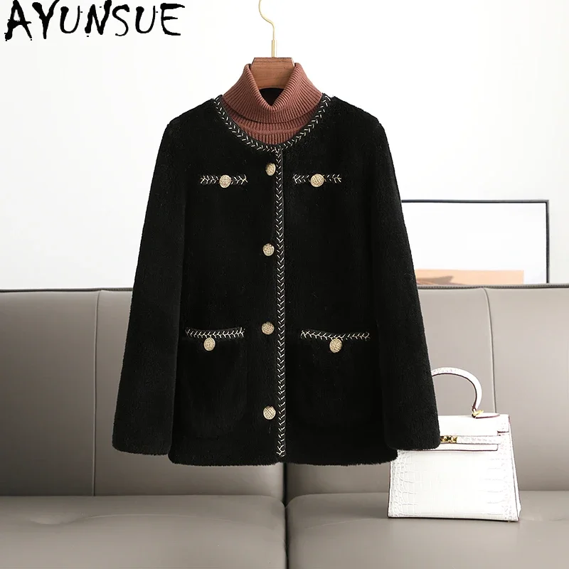 

AYUNSUE 100% Pure Wool Jackets for Women 2023 Fall Winter Small Fragrant Round Neck Short Granular Lamb Wool Coat Chaquetas