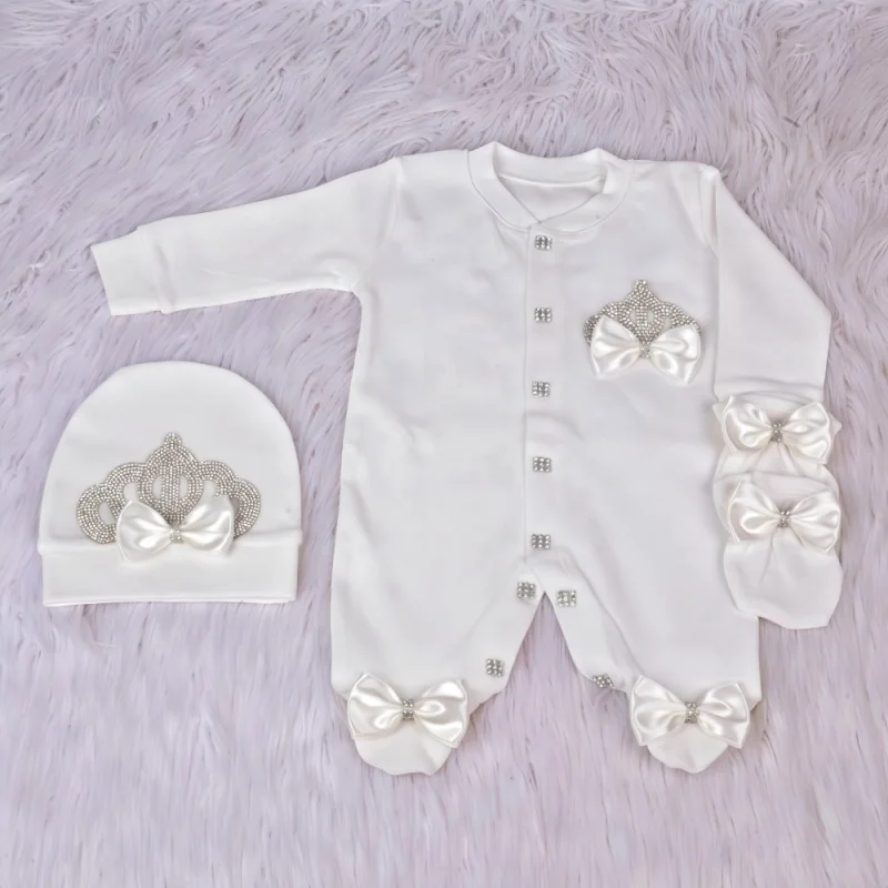 Footed Romper Newborn 0 9 Months Ultra Soft Cotton White Silver Crown Bow Long Sleeve Jumpsuit Unisex Royal Boutique Baby Shower