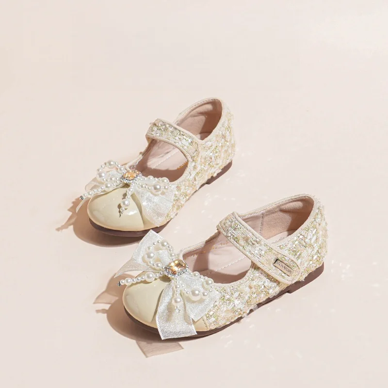 Girls Apricot Leather Shoes Spring Student Bow Lace Mary Janes Princess Casual Shoes for Girls