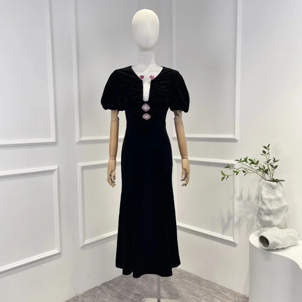 

2023 New Collection Women Fashion Top Quality Black Solid Short Puff-sleeve Elegant Open Neck Folds Mermaid Dress for Party