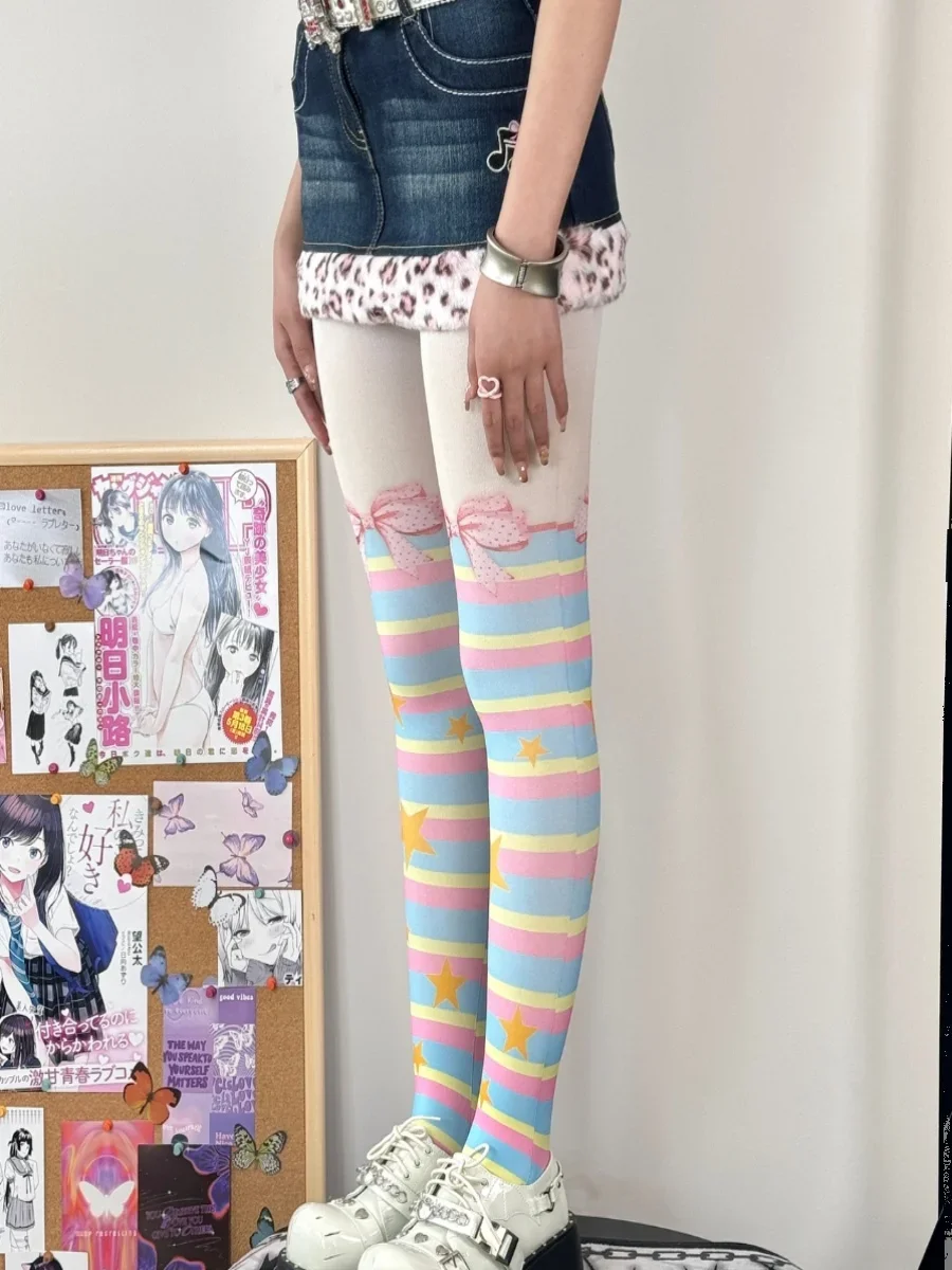 Pantyhose Women's Gradient Color Macaron Striped Bow Decoration Stockings Velvet Leg Shaping Personality Four Seasons Universal