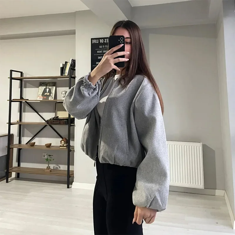Fashion Zipper Bomber Jackets For Women Retro Round Neck Long Sleeve Elastic Hem Cropped Coats 2025 New Casual Sports Outwears