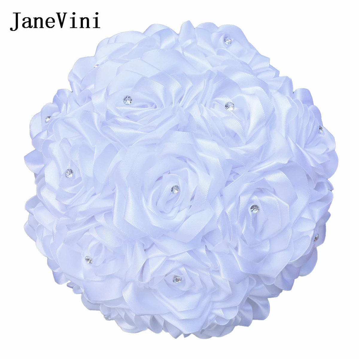 

JaneVini New White Bridal Bouquet Crystals Accessories Handmade Ribbon Roses Flowers Wedding Bouquet for Bride Flores Blancas