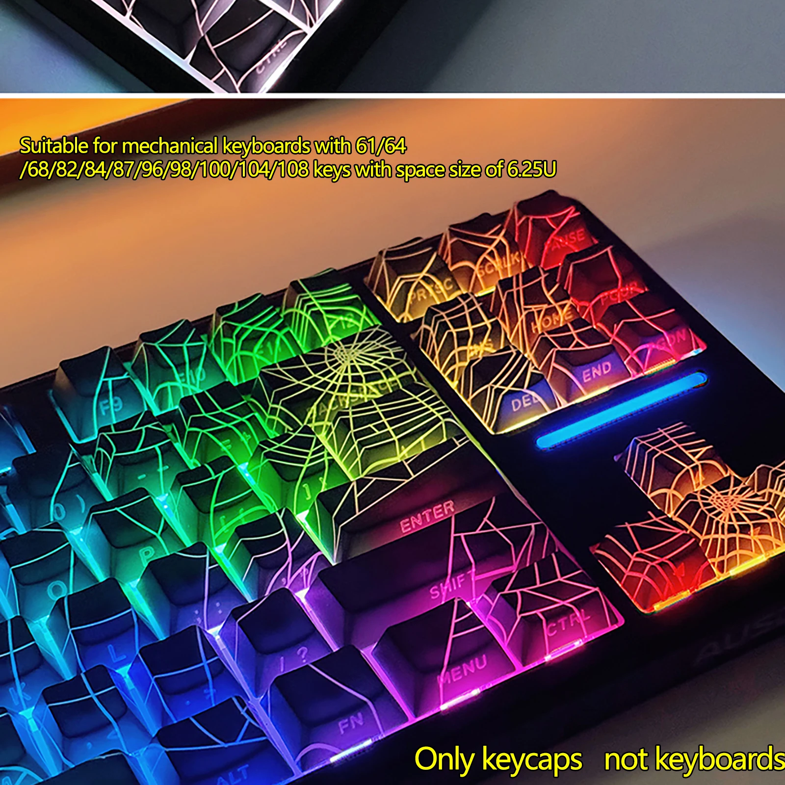 Spider Web Side Engraving Light-Transmitting Keycap Cherry Height PBT Material Thermal Sublimation Technology Adapted to 6.25U