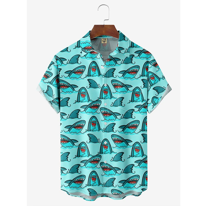 Camisa de praia havaiana de manga curta masculina, tubarão kawaiiano, 3D estampado, blusa cubana, férias de verão, streetwear, tops diários Y2k, novo