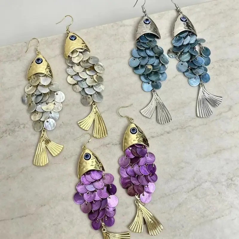 Jewelry Making Supply Blue Fish Shaped Ornament  Multi Layer Shell Scaly Tassel Drop DIY Handcraft Earring Beach Accessory