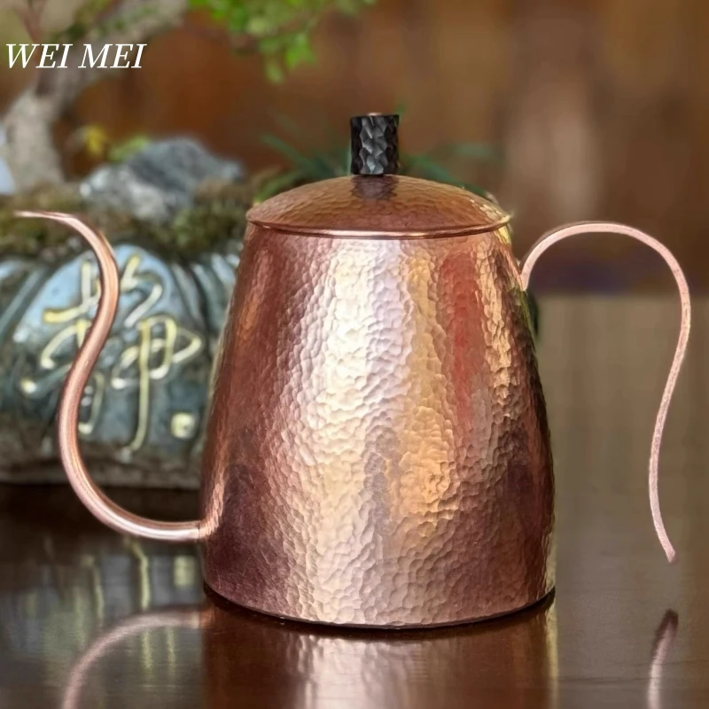 

Винтажный медный кофейник с длинным клювом, чайник для кипячения воды на открытом воздухе, 485 мл, чайник с текстурой молотка ручной работы, посуда
