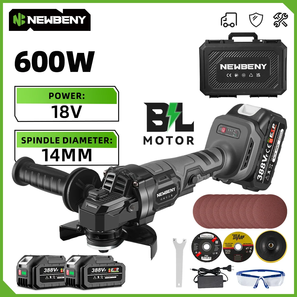 

​NEWBENY 3 Gears 125mm Brushless Cordless Electric Angle Grinder Woodworking Grinding Polisher Cutter Tool for Makita Battery Pin